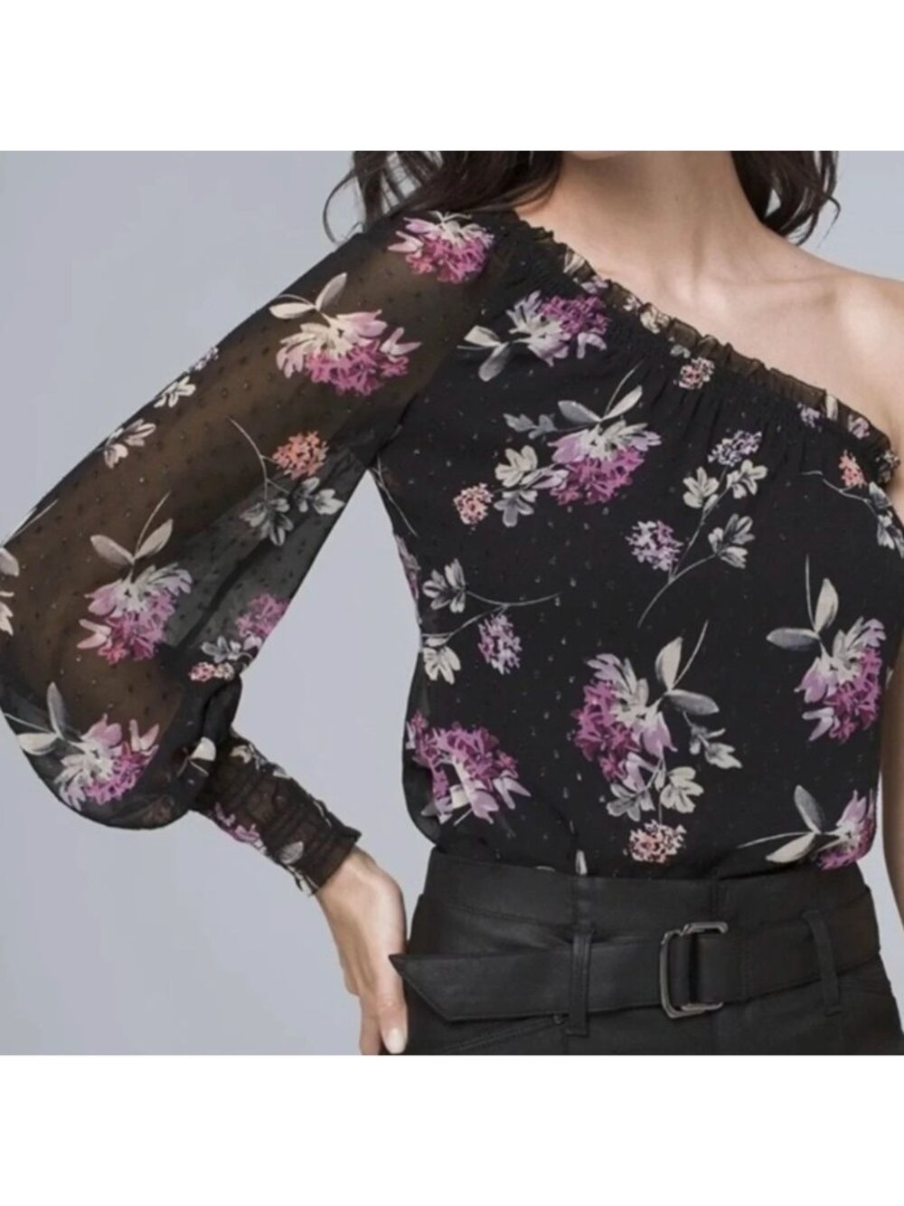White House Black Market Floral One Shoulder‎ Sleeve Chiffon Blouse Top Shirt S